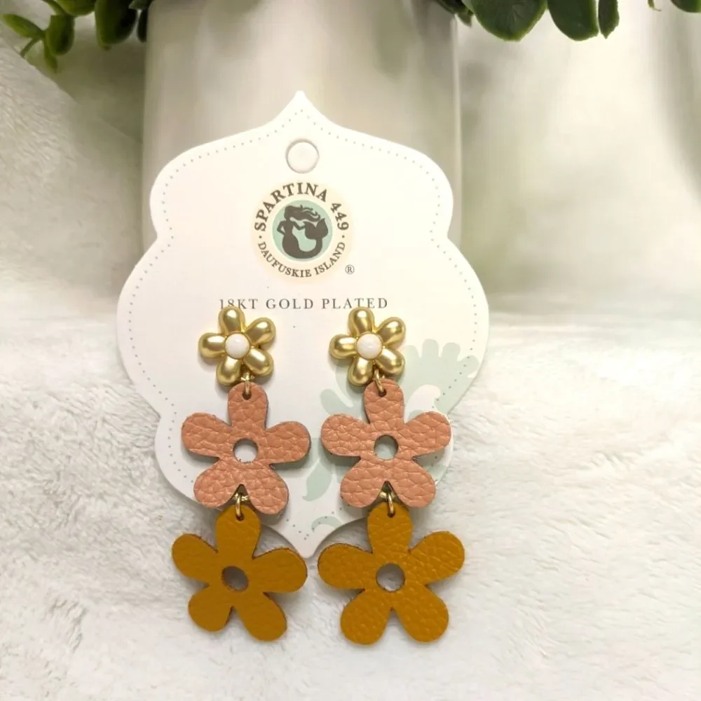 Daisy Leather Earrings Pink/Orange w/ 18kt Matte Gold Plated Studs NIB